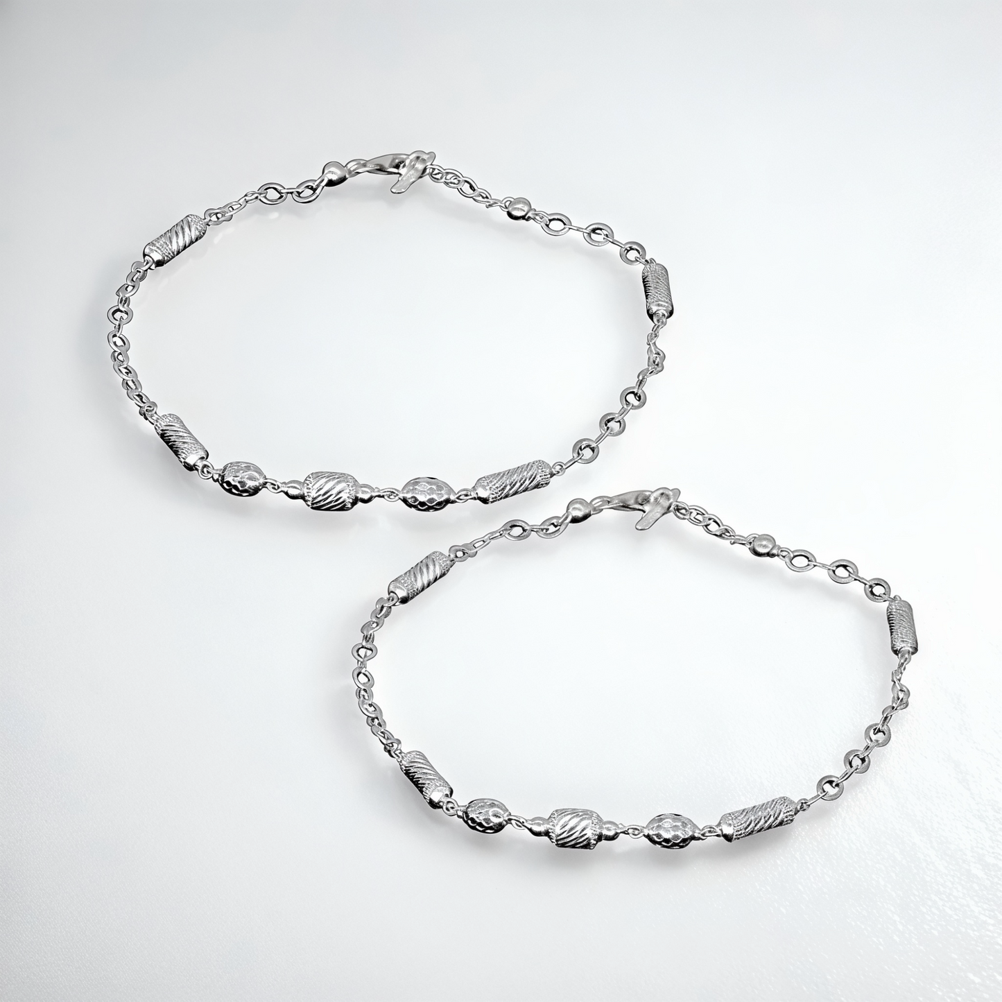 925 Sterling Silver Twisted & Hammered Bead Anklet Pair for Women