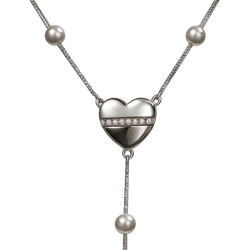 Heart & Pearl Drop Y Necklace in 925 Sterling Silver