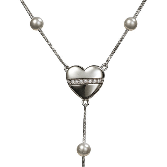 Heart & Pearl Drop Y Necklace in 925 Sterling Silver
