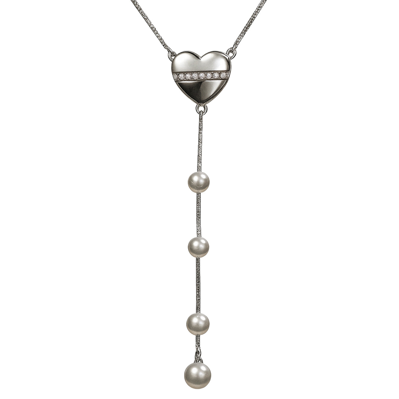 Heart & Pearl Drop Y Necklace in 925 Sterling Silver