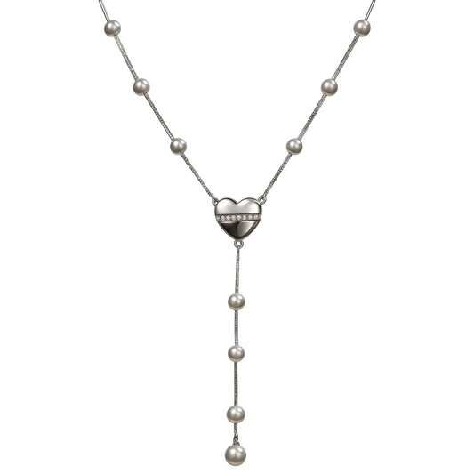 Heart & Pearl Drop Y Necklace in 925 Sterling Silver