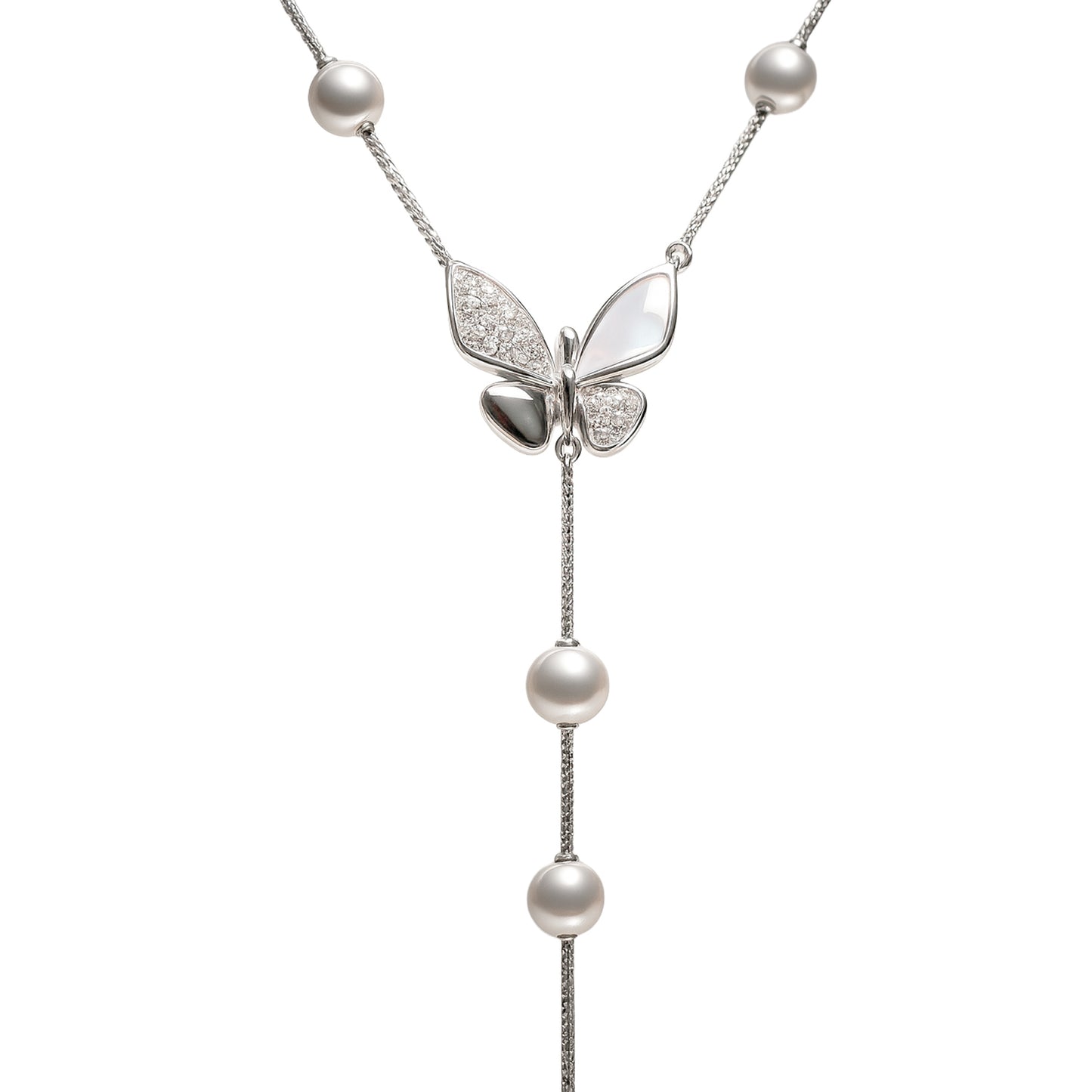 Butterfly Pearl Drop Y Necklace in 925 Sterling Silver