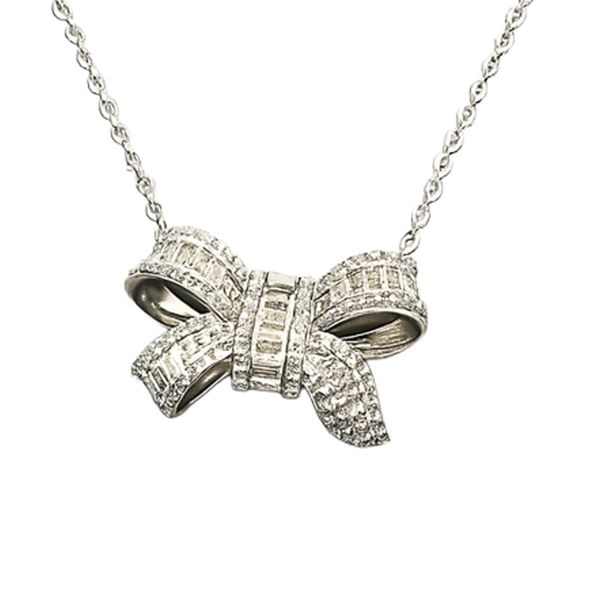 Elegant Bow Pendant Necklace in 925 Sterling Silver with Sparkling CZ Stones