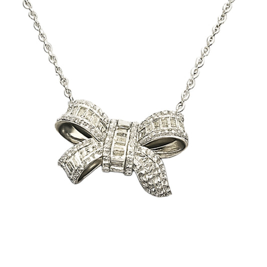 Elegant Bow Pendant Necklace in 925 Sterling Silver with Sparkling CZ Stones