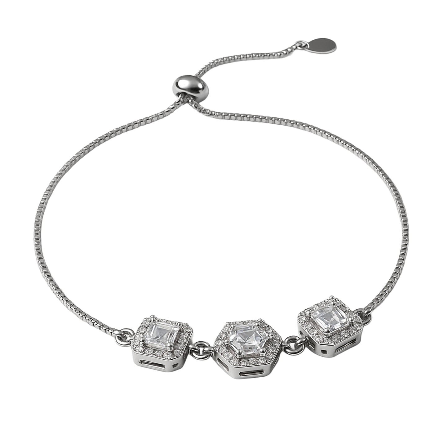 925 Sterling Silver Triple Hexagon Halo CZ Bracelet
