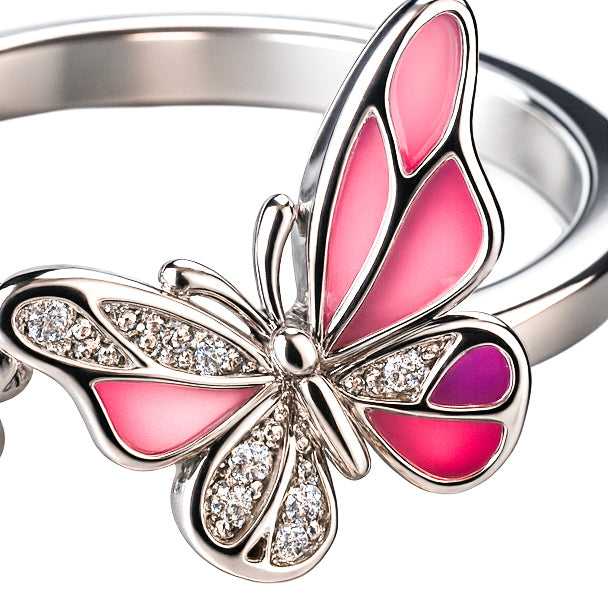925 Sterling Silver Pink Butterfly and Flower Ring