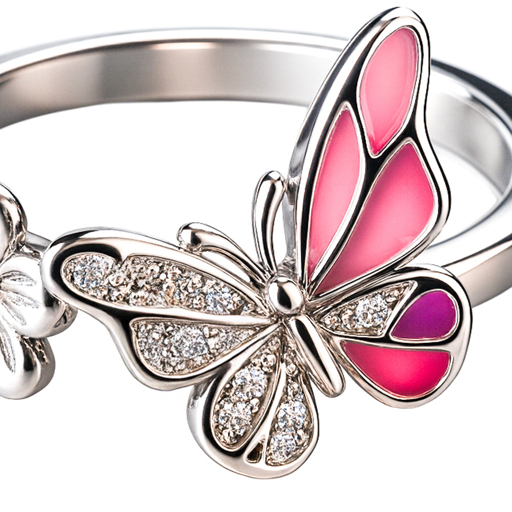 925 Sterling Silver Pink Butterfly and Flower Ring