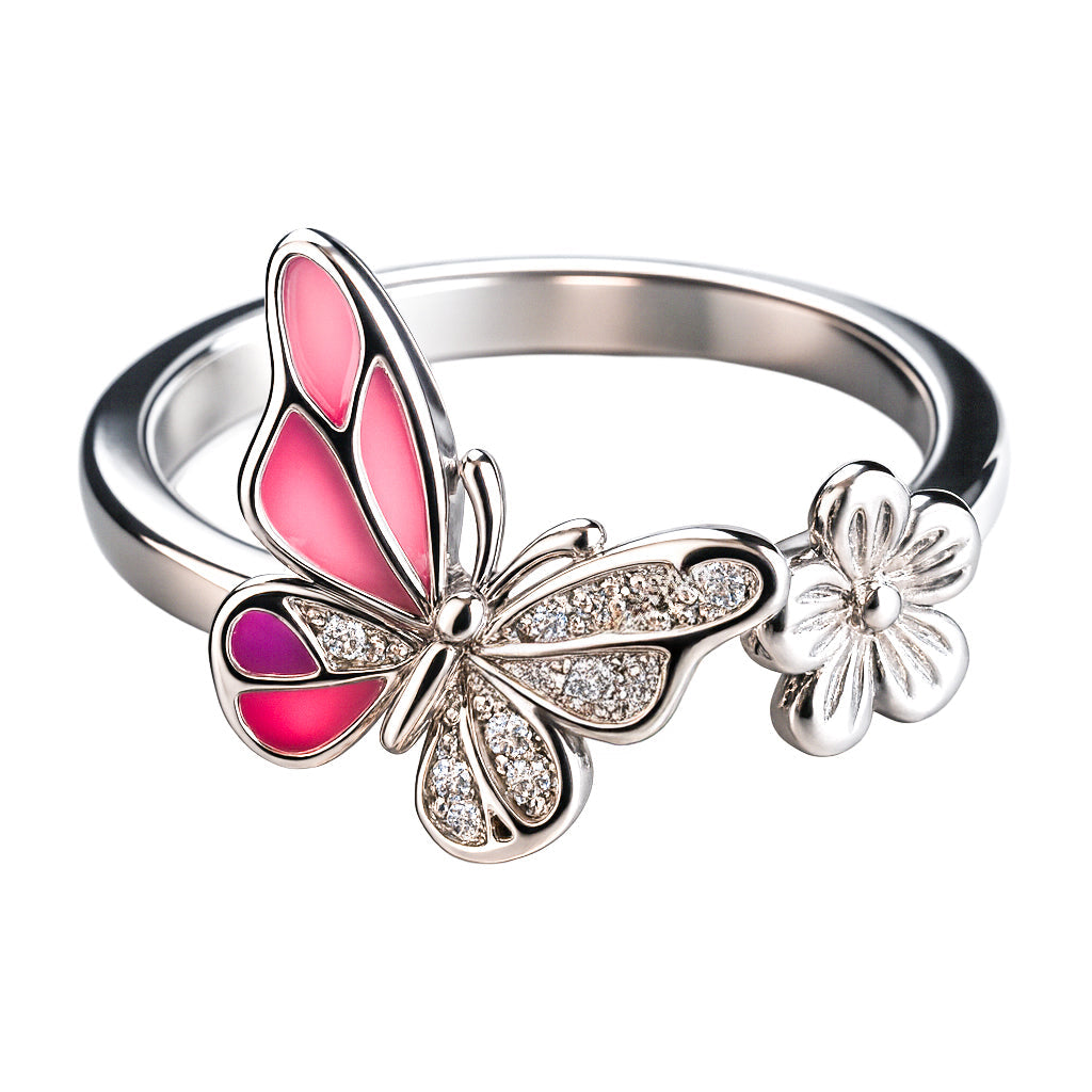 Silver ring with pink butterfly and flower design on a white background