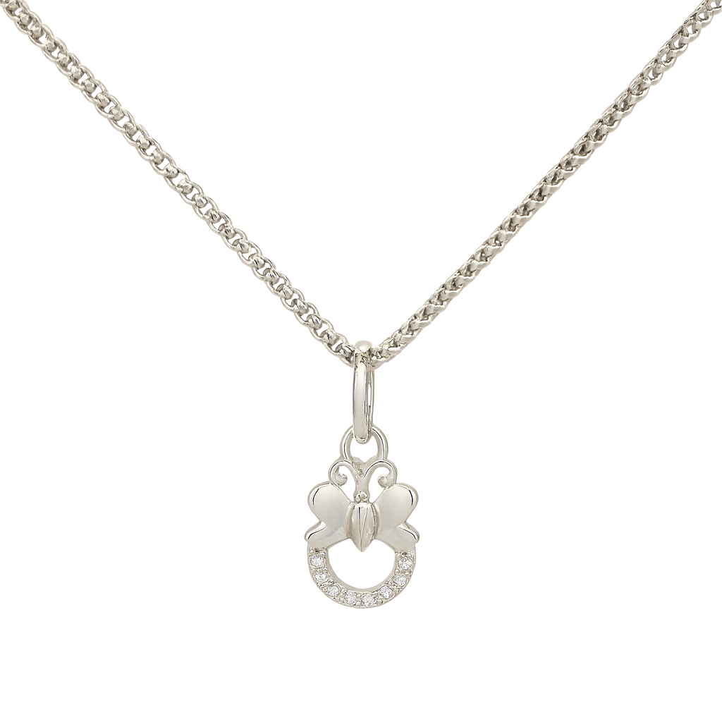 Silver necklace with a butterfly pendant on a white background