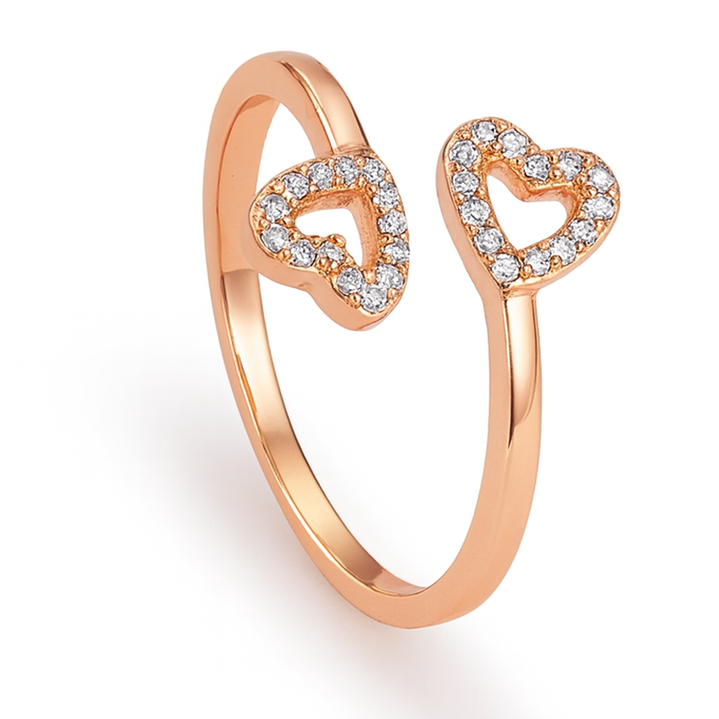 Rose gold ring with heart designs on a white background