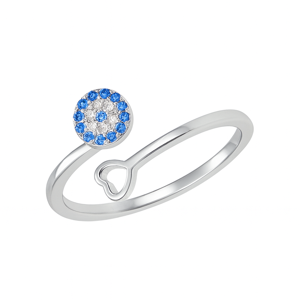 Silver ring with a heart design and blue gemstone on a white background