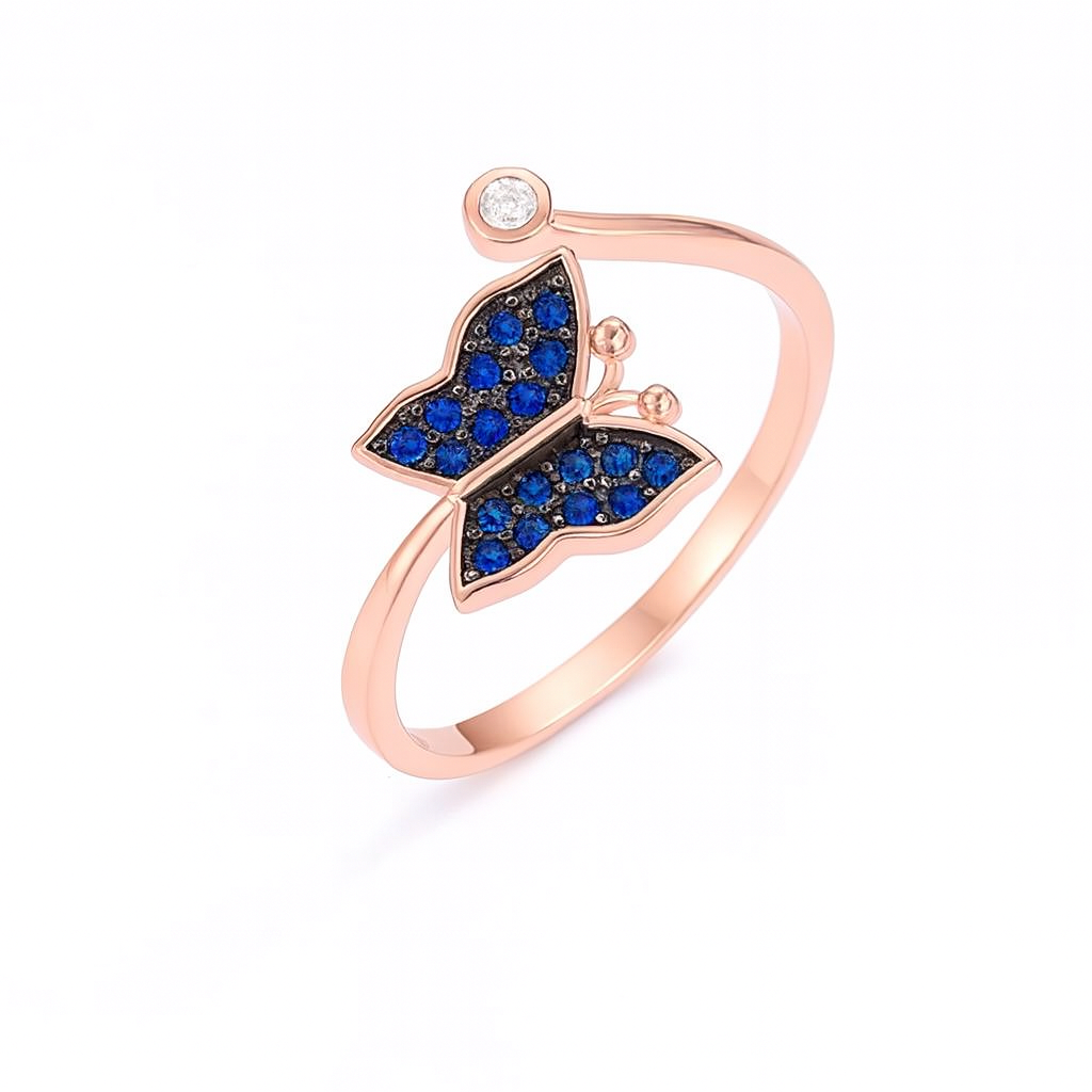 925 Silver Midnight Blue Butterfly Ring in Rose Gold Finish