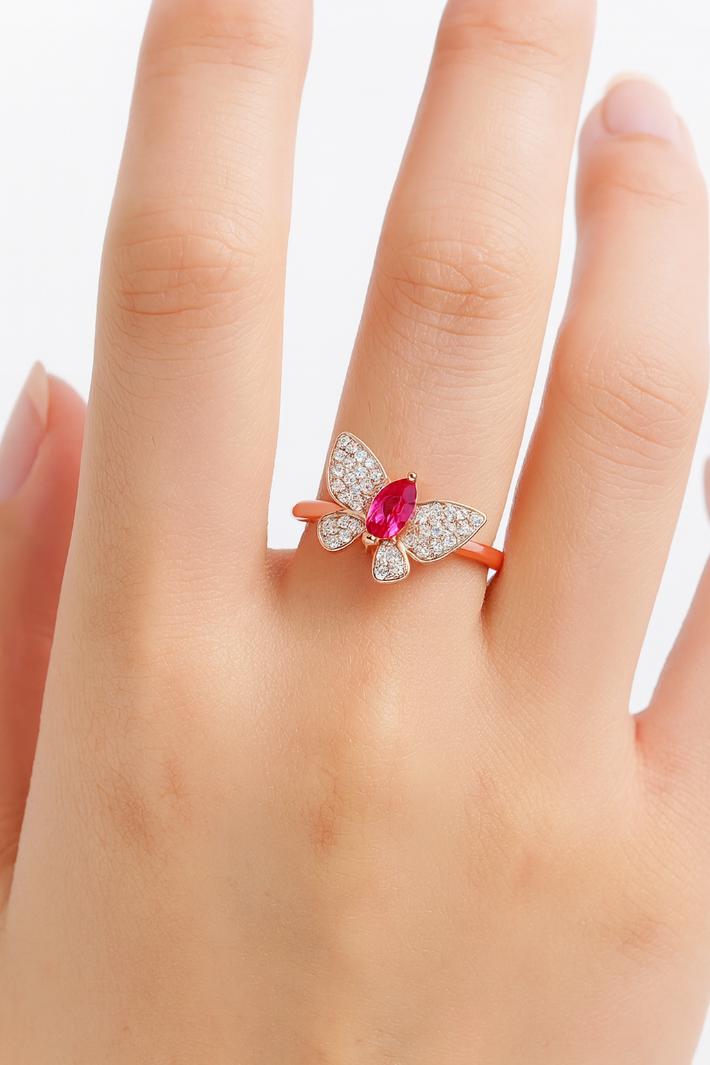 925 Sterling Silver Rose Gold Butterfly Ring with Ruby & CZ Stones