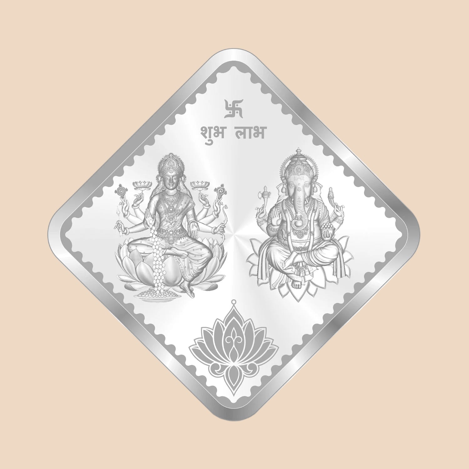 Diamond-shaped silver foil with two seated figures and a lotus design on a white background
