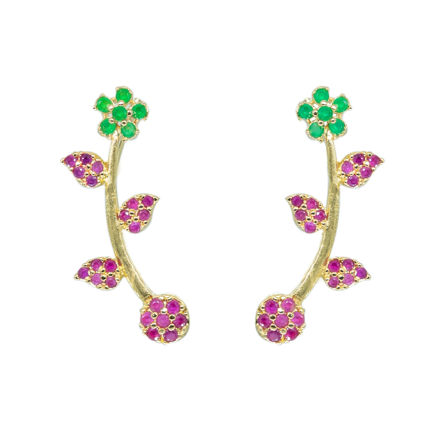 Dual Tone Pink & Green Floral Vine Ear Cuff / Bluetooth Earring – Gold Plated 925 Sterling Silver