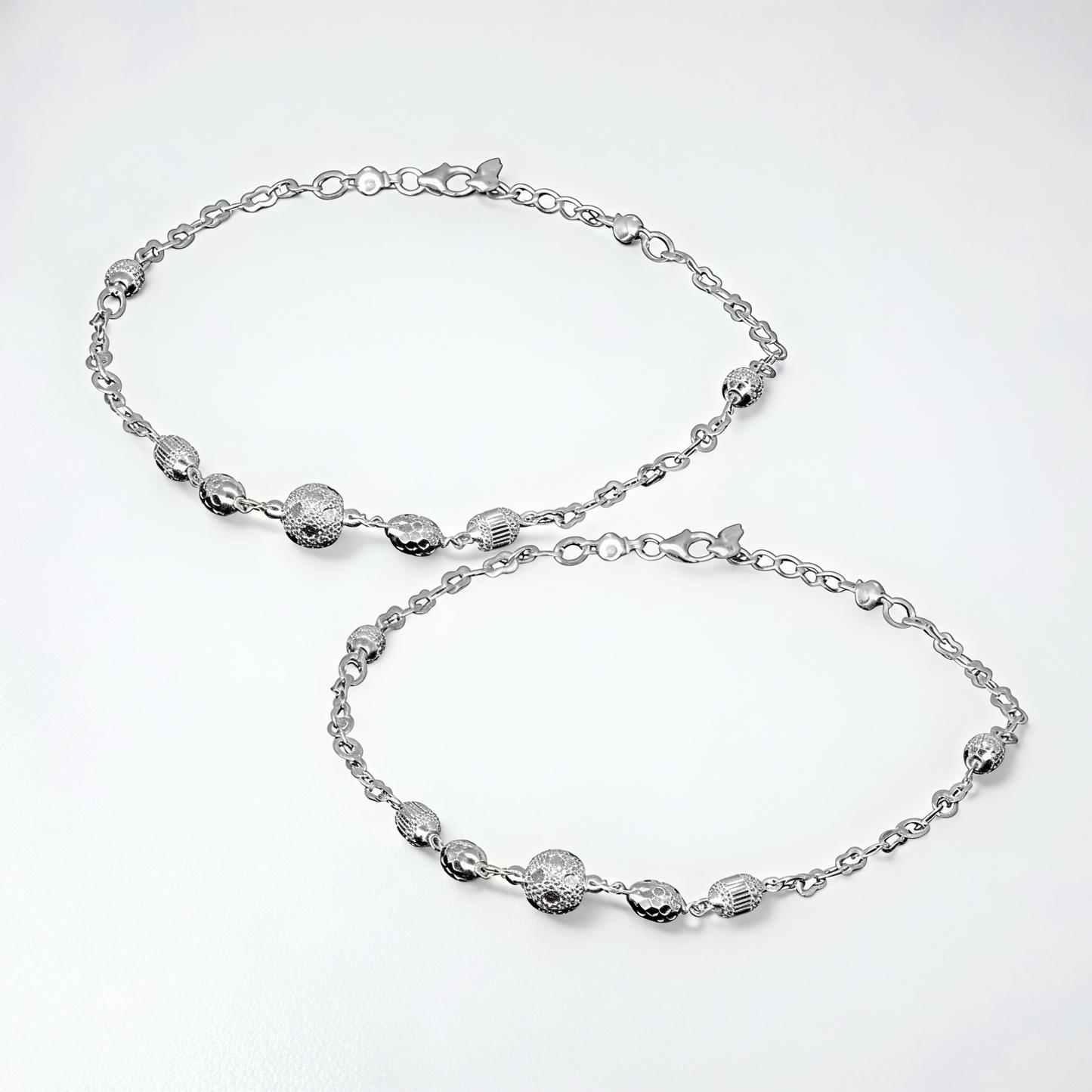 925 Sterling Silver Textured Round Bead Anklet Pair for Women