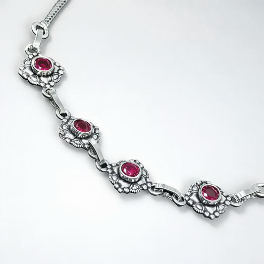 925 Sterling Silver Ruby Floral Anklet Pair for Women