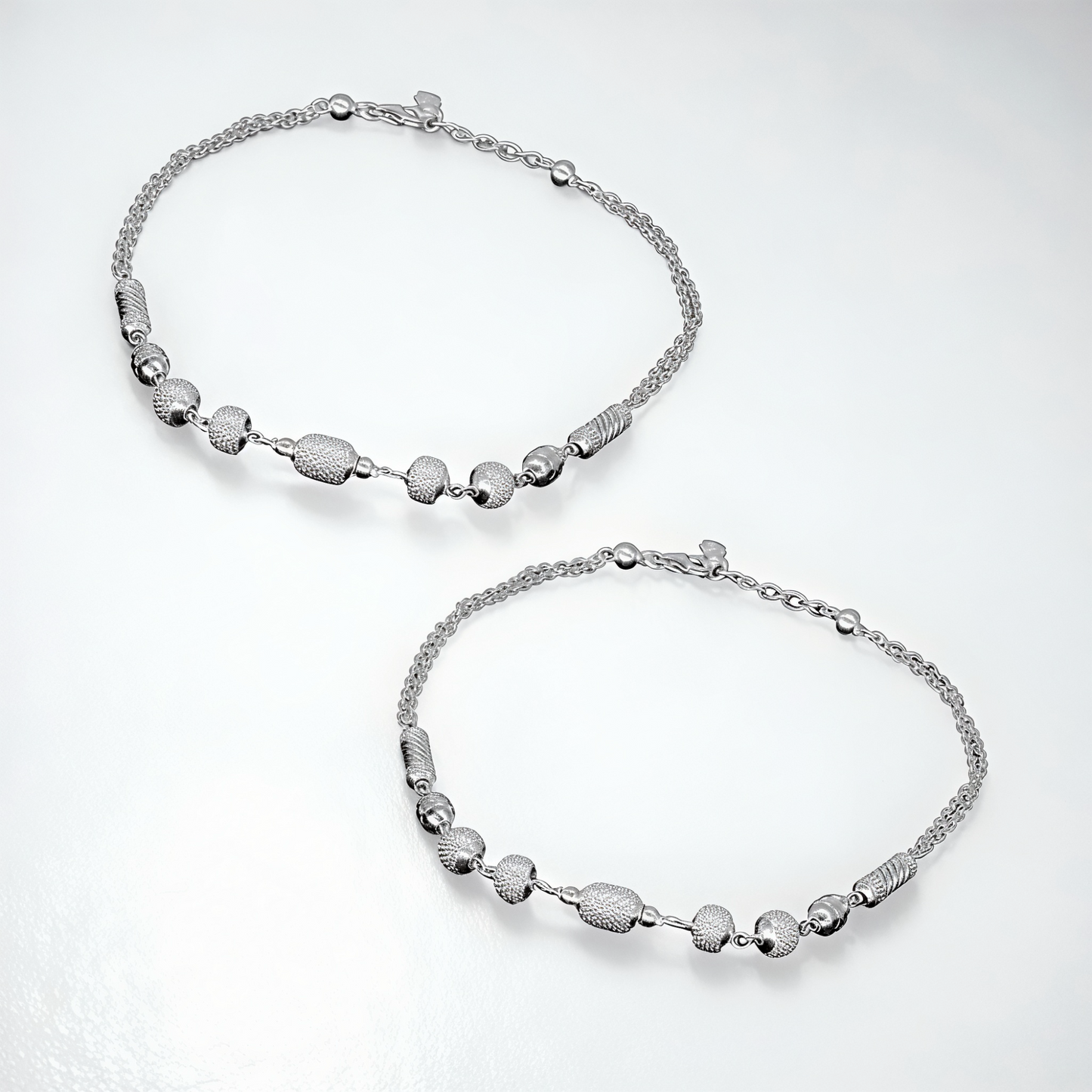 925 Sterling Silver Textured Bead Dual Chain Anklet Pair for Women