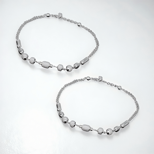 925 Sterling Silver Textured Bead Dual Chain Anklet Pair for Women