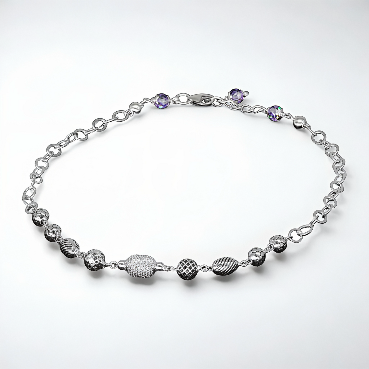 925 Sterling Silver Hammered Bead Dual Chain Anklet Pair for Women