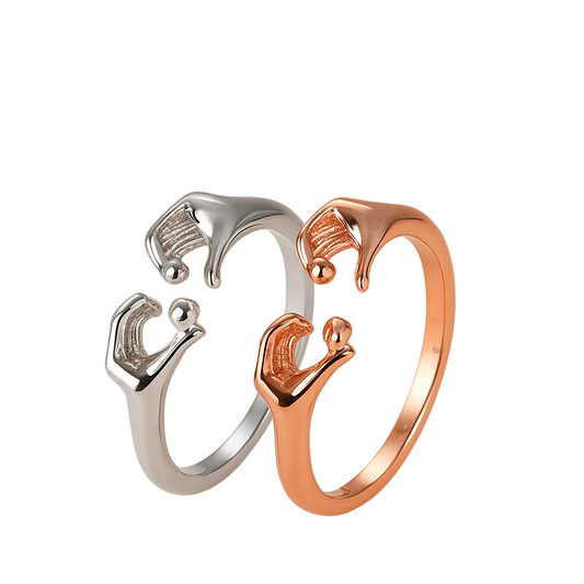 Two rings, one silver and one rose gold, on a beige background with 'Hug Your Style' text.