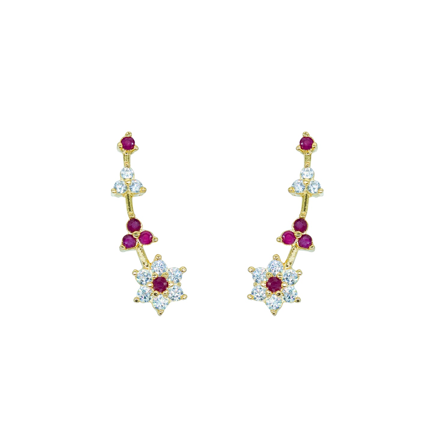 CZ Ruby & White Star Cluster Ear Cuff / Bluetooth Earring – Gold Plated 925 Sterling Silver