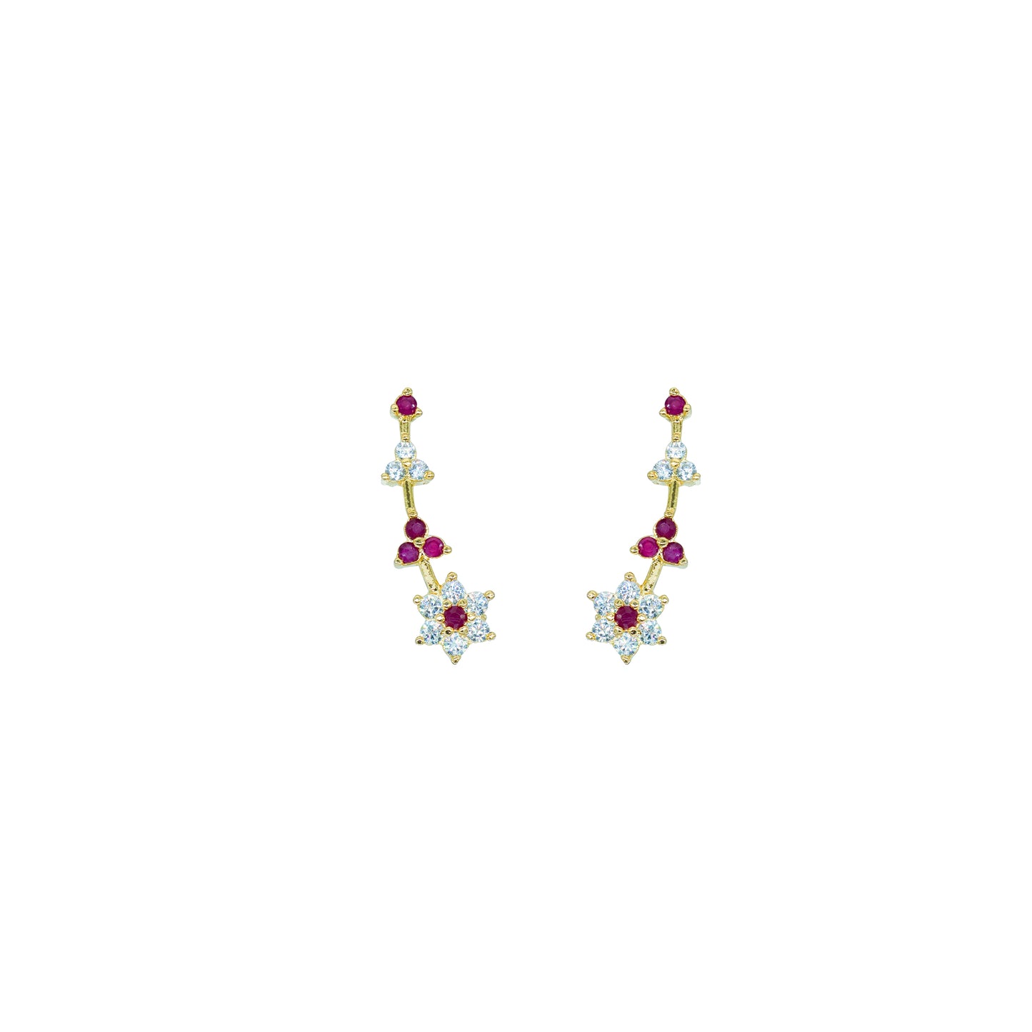 CZ Ruby & White Star Cluster Ear Cuff / Bluetooth Earring – Gold Plated 925 Sterling Silver