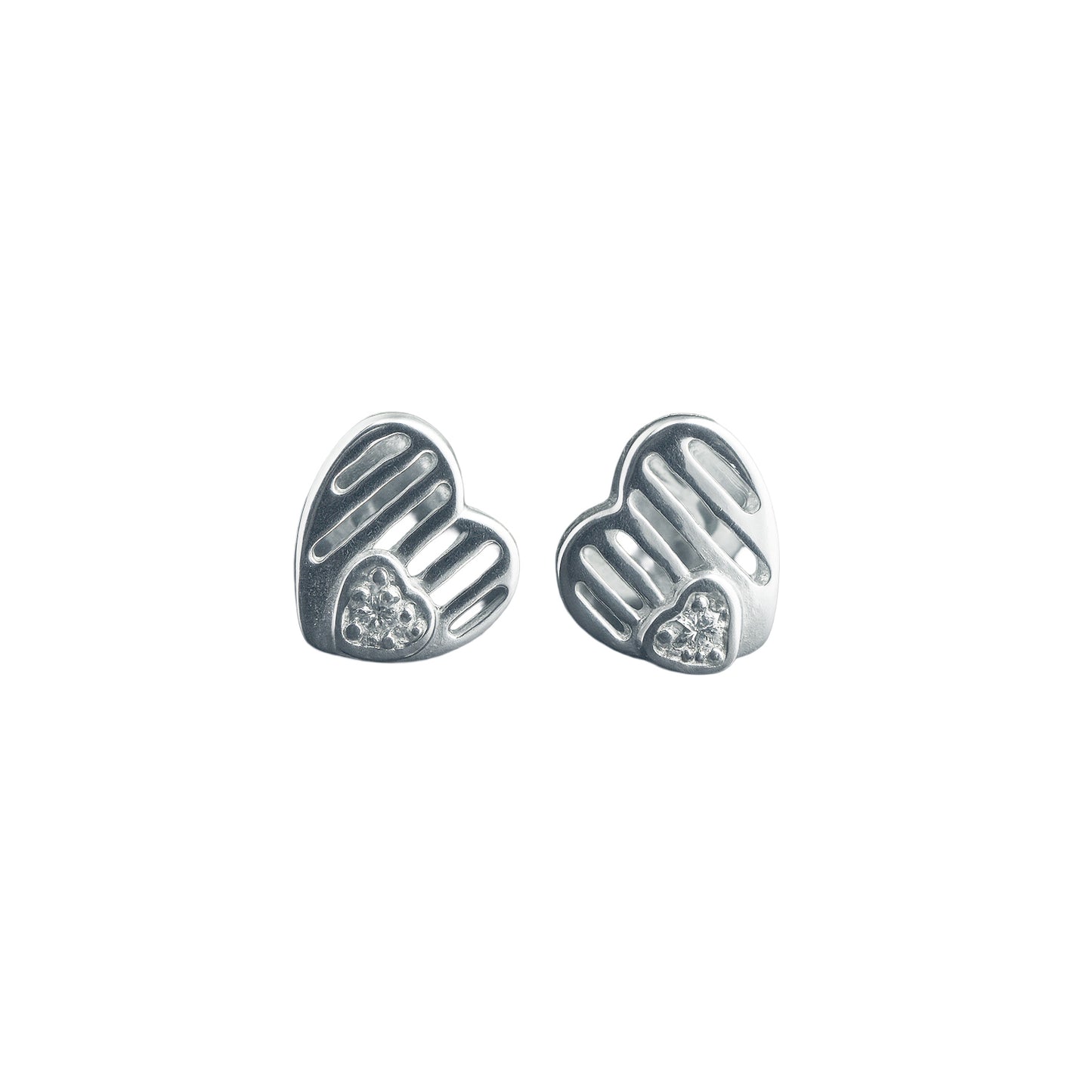 Double Heart Stud Earrings with Zircon Accent - 925 Sterling Silver