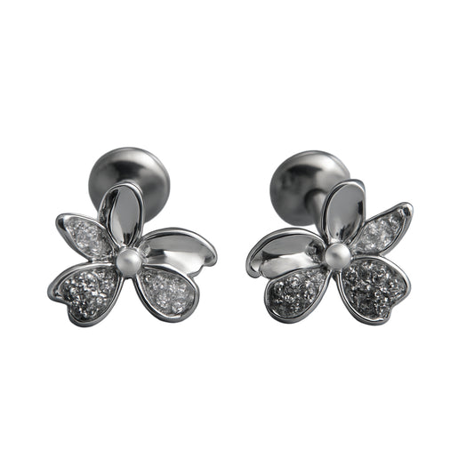 925 Sterling Silver Five-Petal Floral CZ Stud Earrings