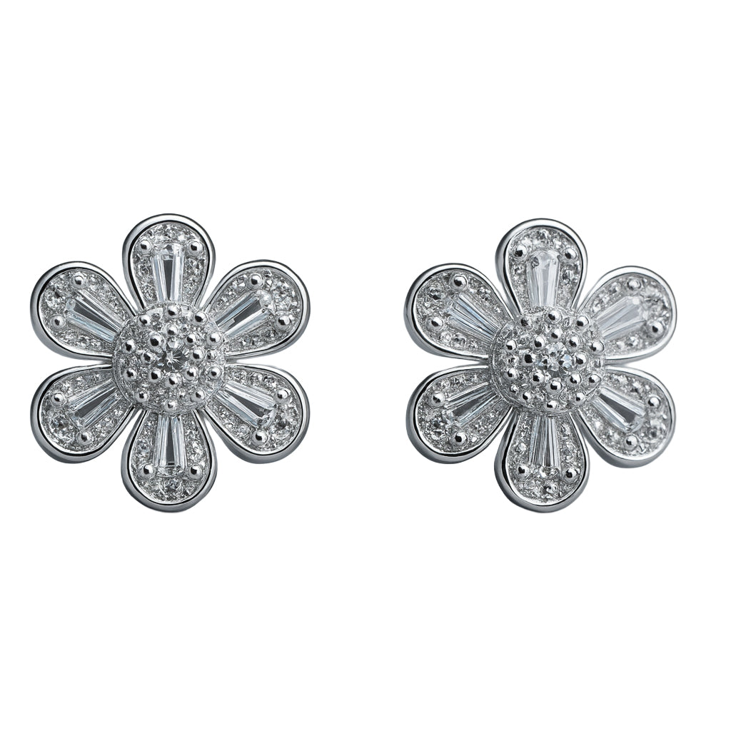 925 Sterling Silver Daisy Floral CZ Stud Earrings