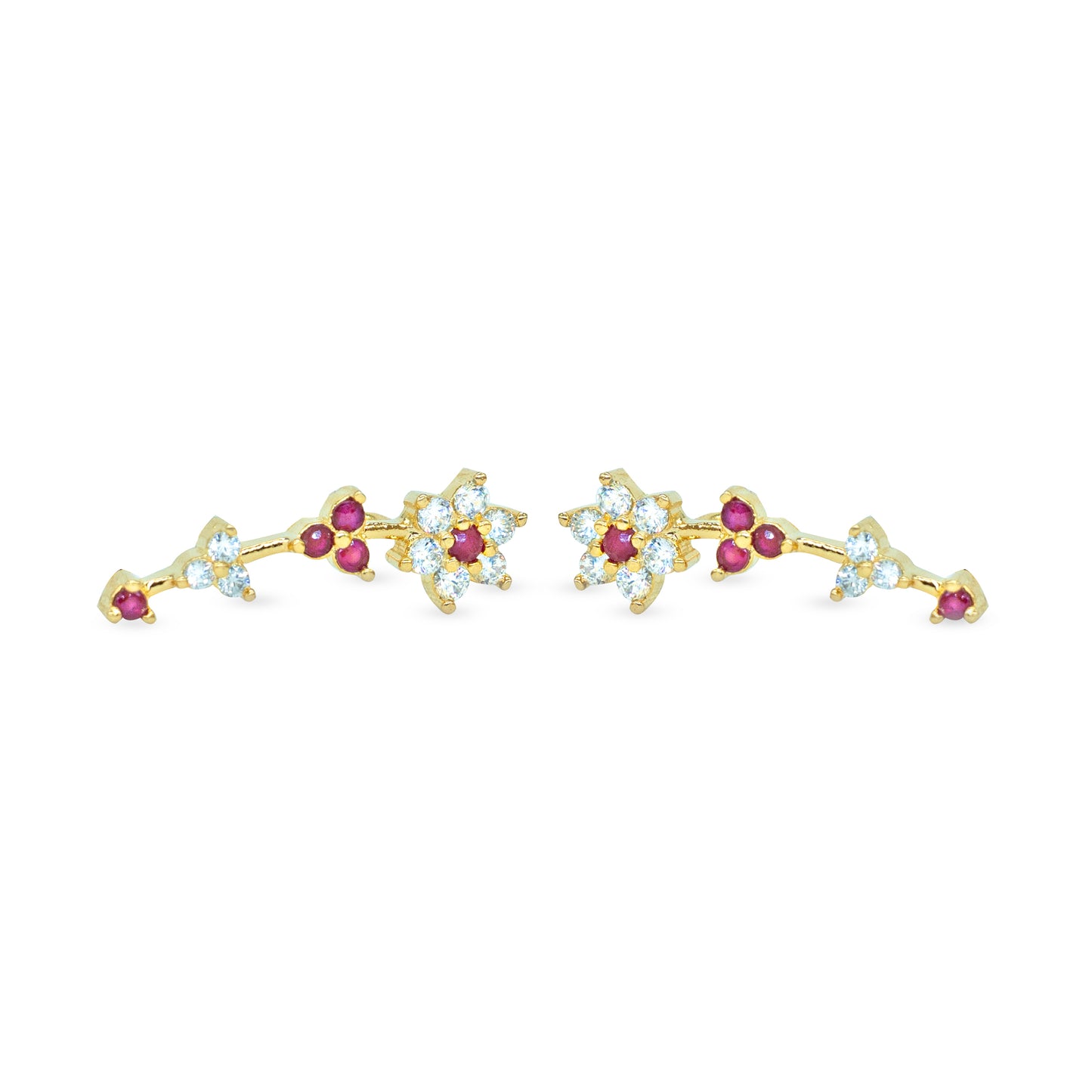CZ Ruby & White Star Cluster Ear Cuff / Bluetooth Earring – Gold Plated 925 Sterling Silver