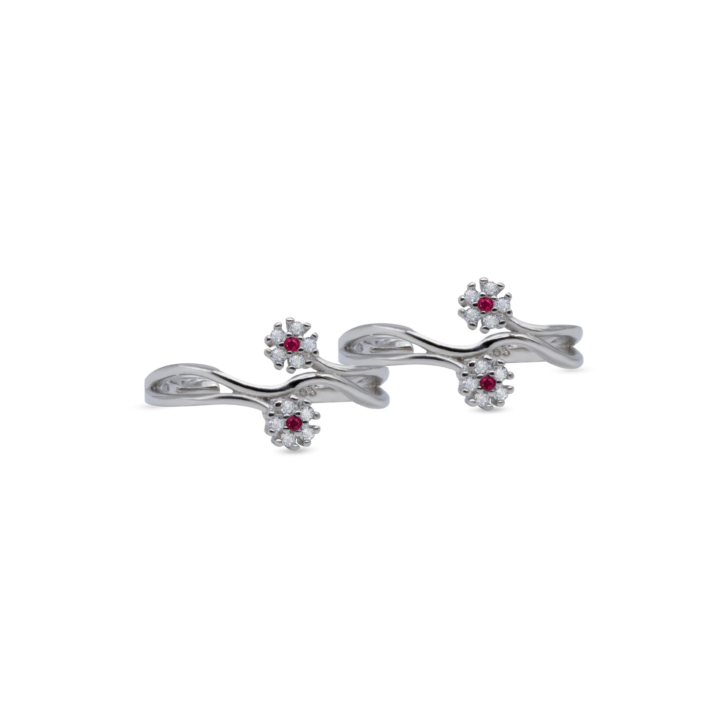 Floral Ruby Bloom Toe Ring – Rhodium Plated 925 Sterling Silver